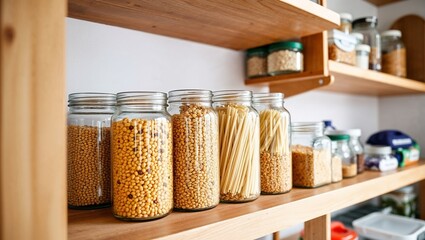 Wooden shelves filled with various sized glass jars. The jars hold different types of pasta, grains, and cereals, creating a neat display.