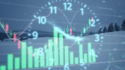 Snowcovered landscape overlaid with stock market data and a clock face - Powered by Adobe