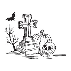 Grave stone with cross, pumpkin, skull in black brush stroke texture on white. Hand drawn vector sketch illustration in vintage charcoal ink. Happy Halloween design, horror atmosphere, invitation card