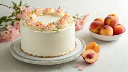 Creating a romantic dessert experience white tea and peach chiffon cake with floral frosting and peach blossoms in soft lighting