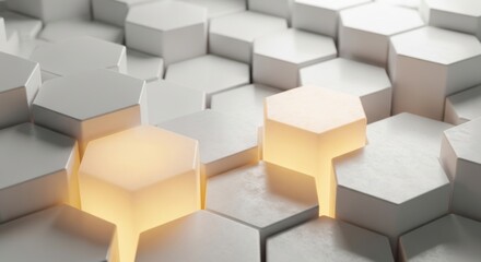 Fototapeta premium A closeup view of a white hexagonal pattern with some hexagons glowing with warm light