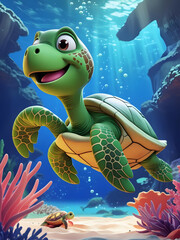 Groovy cartoon green slow turtle. Funny retro underwater tortoise swimming in sea or ocean water, marine animals' protection mascot, cartoon turtle sticker of 70s to 80s style