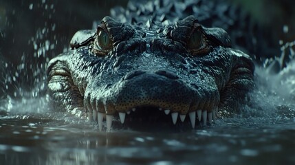 Obraz premium Close-up of a crocodile's head emerging from murky water.