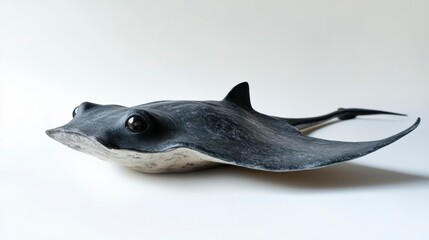 Close-up of a dark gray stingray model with large eyes, resting on a white background.