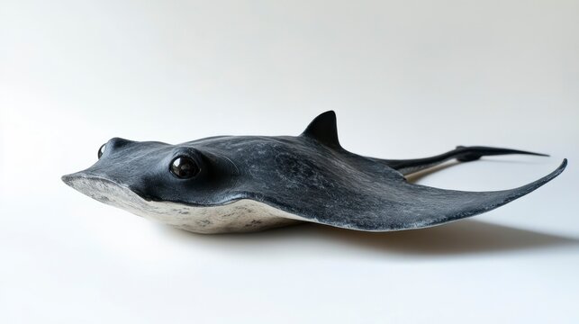 Close-up of a dark gray stingray model with large eyes, resting on a white background.