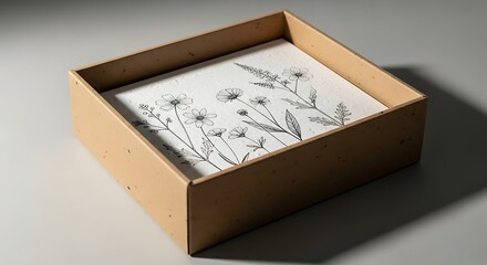 A floral drawing rests inside a kraft paper box, creating a minimalist still life scene.