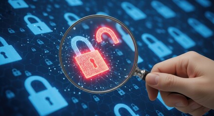 A magnifying glass reveals an unlocked, glowing red padlock against a background of digital locks