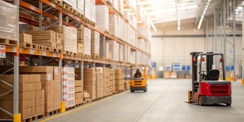 Warehouse Inventory Management Cardboard Boxes on Shelves, Forklift, Logistics, Warehouse Interior Logistics, Inventory