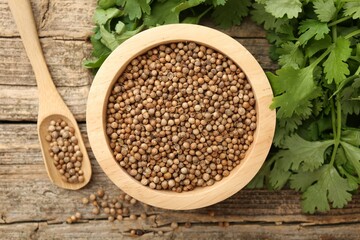 Fresh cilantro and coriander seeds on wooden table, top view