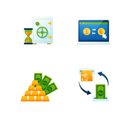 Financial Icons: A collection of vibrant, stylized icons illustrating financial concepts, encompassing a safe, a laptop depicting currency exchange, stacks of gold bars.