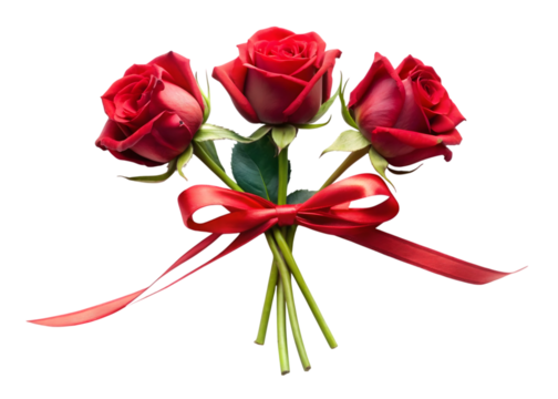 Three vibrant red roses tied with a satin red ribbon bow, symbolizing love and romance, isolated on a transparent background