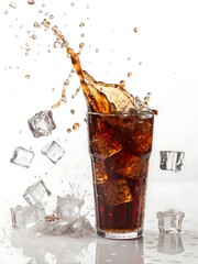 Glass of cola with ice cubes splashing, refreshing fizzy soda, photorealistic, studio shot.