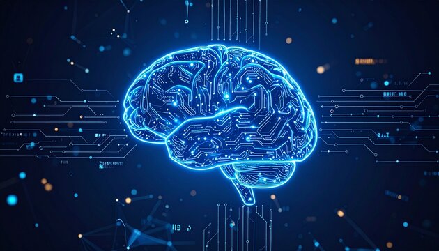 A glowing digital brain composed of blue circuits and neural lines, set against a dark background with data flow elements—symbolizing artificial intelligence, neural networks, and futuristic computing