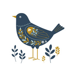Colorful decorative bird with floral patterns and leaves in scandinavian style for decor, interior designers, posters, prints, textiles