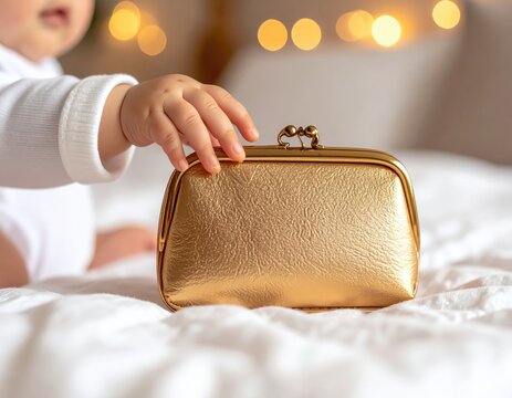 Baby reaching for a gold purse