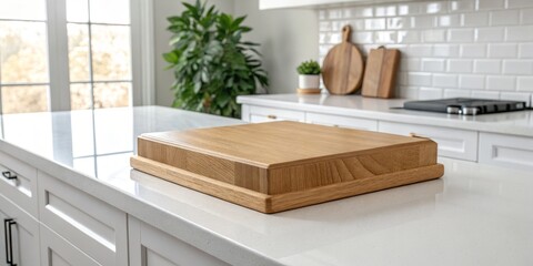 Wooden Cutting Board on Kitchen Counter High-angle Close-up, Oak, Minimalist, White Kitchen. , cutting board, kitchen decor