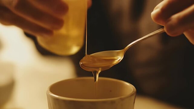 Pouring golden honey from a jar into a ceramic cup with a spoon in a warm kitchen setting