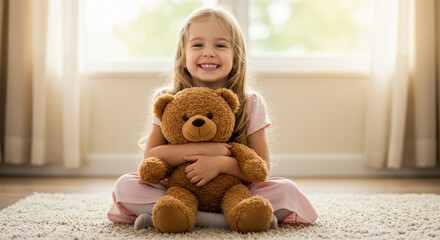 criança menina feliz sorridente sentada no chão com seu urso de pelúcia