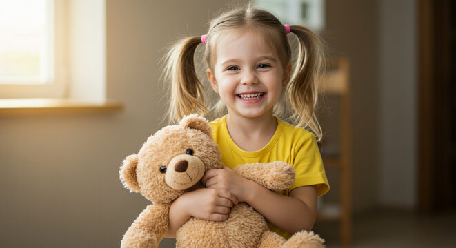 crian&ccedil;a menina feliz sorridente com seu urso de pel&uacute;cia