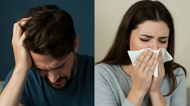 The split-screen display shows a man holding his head with a pained expression and a woman covering her mouth with a tissue while coughing, depicting common symptoms of illnesses such as flu and stres