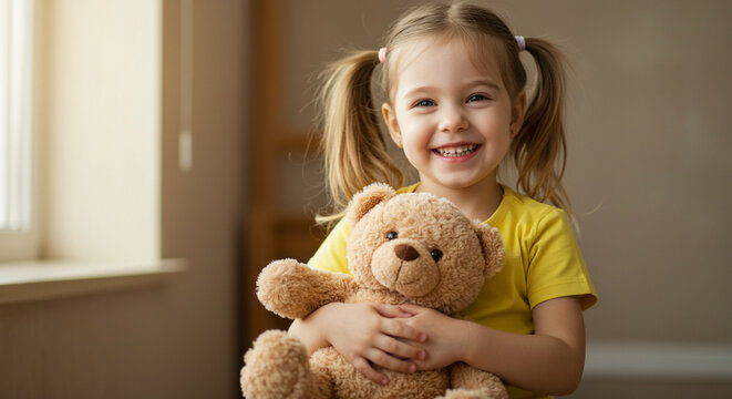 crian&ccedil;a menina feliz sorridente com seu urso de pel&uacute;cia