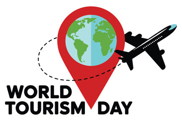 Airplane flying around globe with world tourism day text