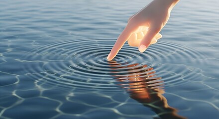 A person's finger gently touches the surface of calm water, creating perfect circular ripples under sunlight, symbolizing the sensitive and impactful human role in the loop of an organic user