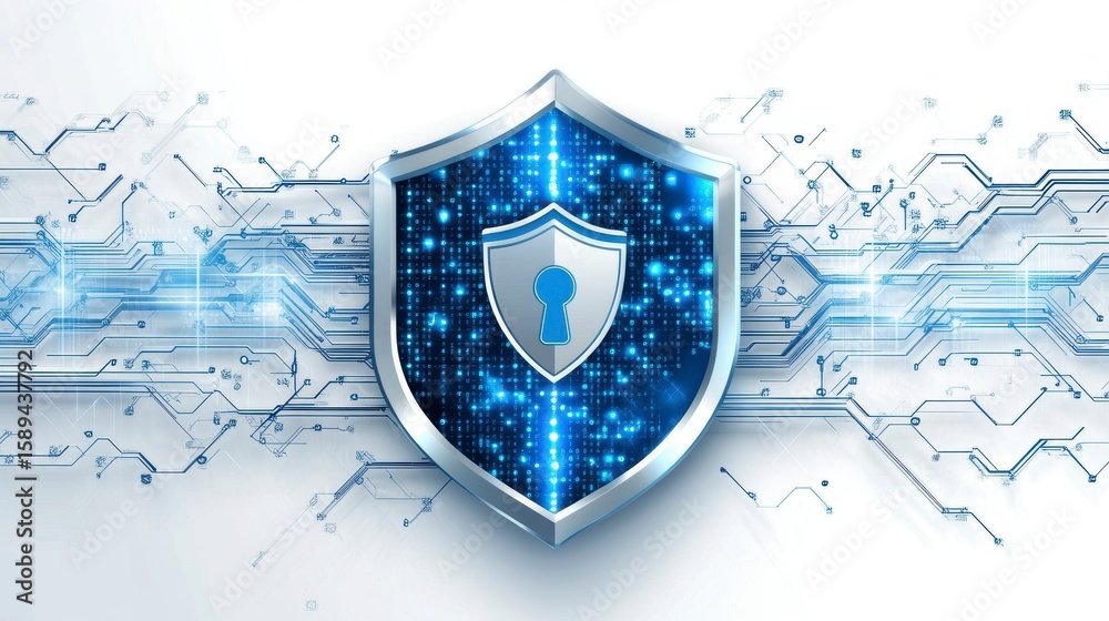 Wall mural cyber security shield with digital data and circuit board background.