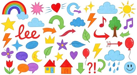 Set of colorful hand-drawn doodles and stickers with speech bubbles, arrow and heart