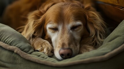 Sleeping Golden Retriever Dog on Green Dog Bed Closeup