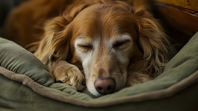 Sleeping Golden Retriever Dog on Green Dog Bed Closeup