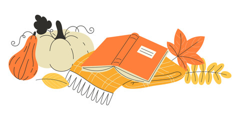 Cozy Autumn Reading Scene with Open Orange Book on Yellow Plaid Blanket