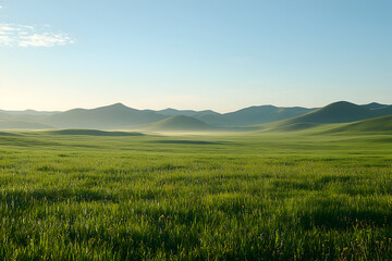 Fototapeta premium Rolling green hills landscape with morning mist, tranquil scenery and vibrant nature
