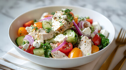 Greek salad with feta cheese and fresh vegetables on a light background