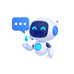 Happy robot. 3d ai character, chat bot mascot isolated on white background, GPT chatbot icon. Artificial intelligence, trendy technology, support service, funny automation