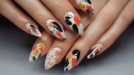 Young woman's hands with colorful and decorated nail manicure with modern, innovative and elegant shapes and drawings with gray background Nails and manicure