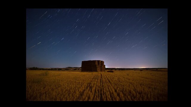 Time lapse of star comet effect tracing the celestial equator over a pile of hay bales in a freshly threshed wheat field.