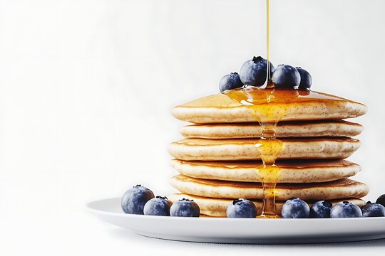 Stack of fluffy pancakes with blueberries and maple syrup for breakfast, brunch or dessert