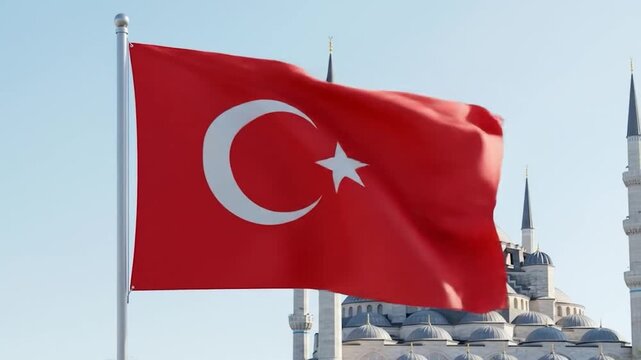 turkish flag against the blue sky and blue mosque, Turkey's flag waving 