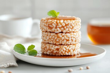 Stack of rice cakes with caramel sauce and mint garnish, a sweet treat on a white plate