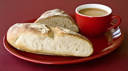 Naklejka premium Delicious Crusty Bread with Coffee on Red Plate