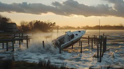 A boat is tossed by powerful waves, nearly capsizing at a dock during a storm.  Waves crash over the dock's pilings, creating a dramatic scene