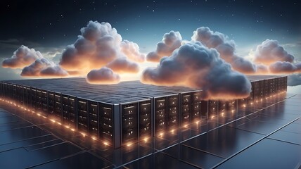 Cloud computing data center visualization with server racks transforming into floating cloud formations. Digital data packets stream upward like light particles against a gradient sky background with 