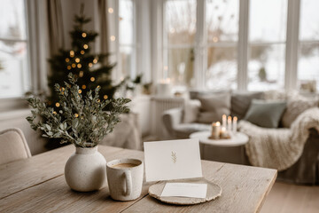 minimalist christmas celebration atmosphere in usa depicting handmade christmas cards