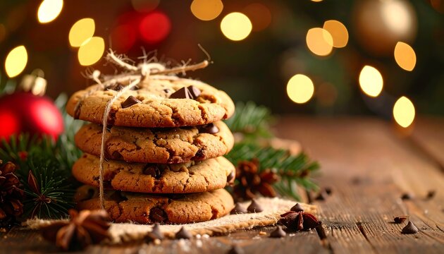 Festive chocolate chip cookies stacked on a rustic wooden table