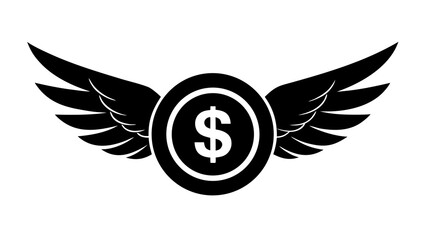 Obraz premium Vector illustration of a coin with a dollar sign in the center, flanked by stylized, feathered wings