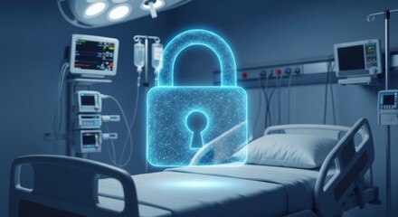 Fototapeta premium A hospital bed is secured by a glowing blue digital lock icon, symbolizing medical data security