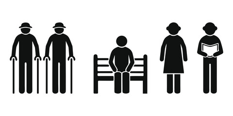 Elderly People Silhouette Icon Set – Flat Vector for Healthcare, Senior Care, and Aging Society Design