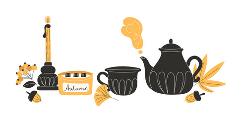 Cozy autumn tea time illustration with candles decorated by fall leaves nuts and berries in flat style for banners and websites