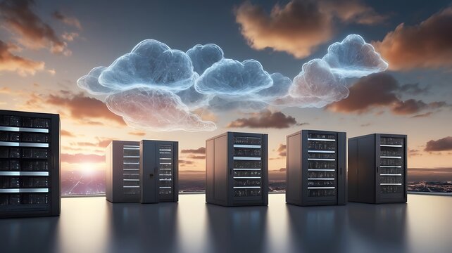 Cloud computing data center visualization with server racks transforming into floating cloud formations. Digital data packets stream upward like light particles against a gradient sky background with 